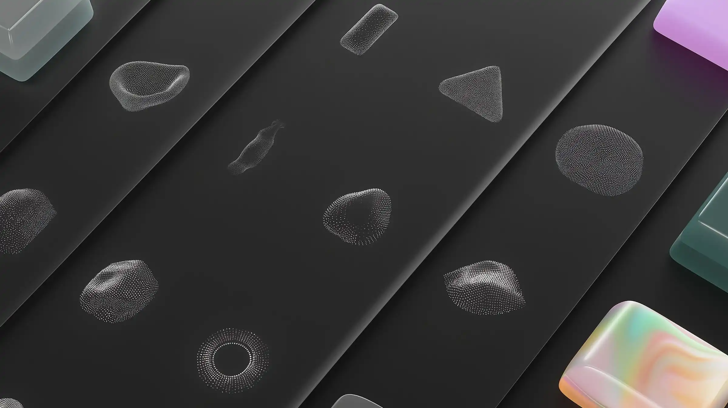 Representación abstracta de soluciones tecnológicas diversas con formas geométricas complejas simbolizando análisis predictivo e integración de sistemas