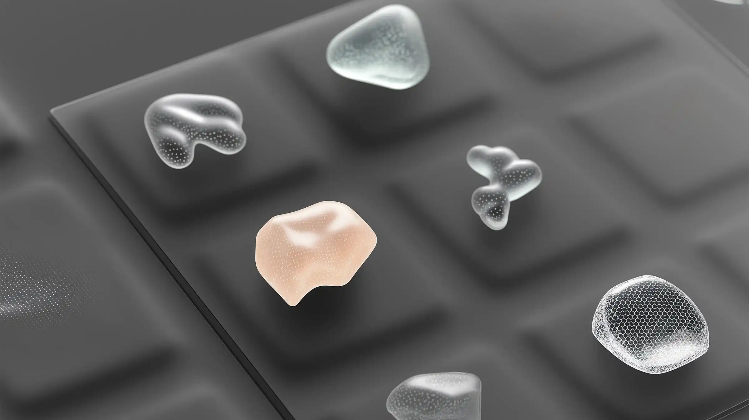 Representación abstracta de agentes de inteligencia artificial con formas orgánicas flotantes que simbolizan asistentes virtuales inteligentes